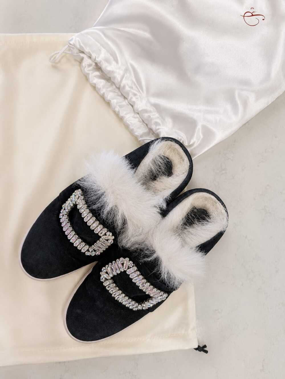 Roger Vivier Crystal Strass Buckle Fur Shearling Slippers w/ Dust Bag